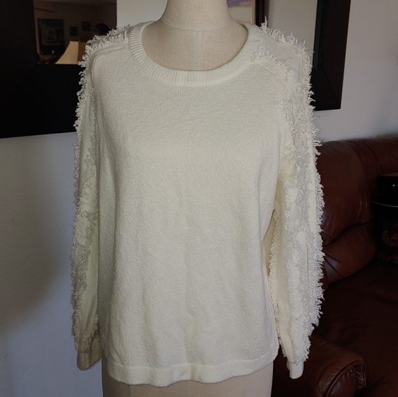 1. State Fringe Sleeve Boy Meets Girl Crewneck Sweater Antique White - Picture 5 of 8